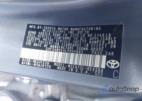 2020 Toyota Corolla Se z USA, uszkodzony, nr VIN 5YFS4RCE4LP044683